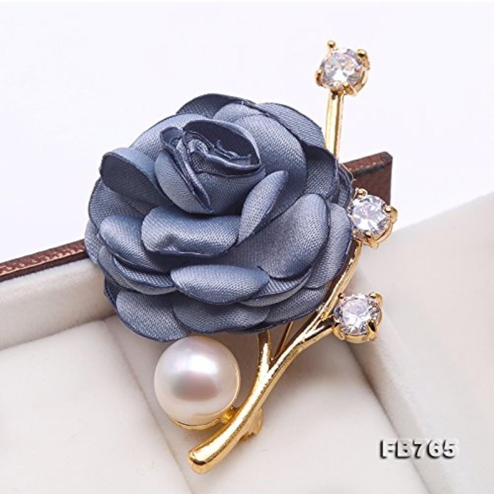 Brooch Blue Gold 11.5mm Rose Flower White Freshwater Pearl Bouquet Broach Pin A1 - Picture 3 of 8